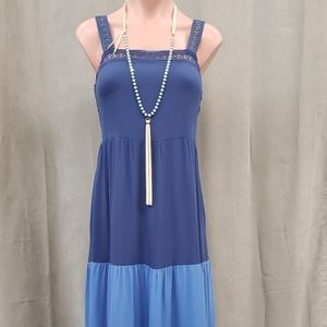 NWT Blue Maxi Tiered Dress With Crochet Trim